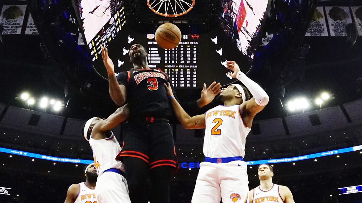 Chicago Bulls center Andre Drummond (3) dunks the ball on New York Knicks guard Miles McBride (2) during the second half at United Center