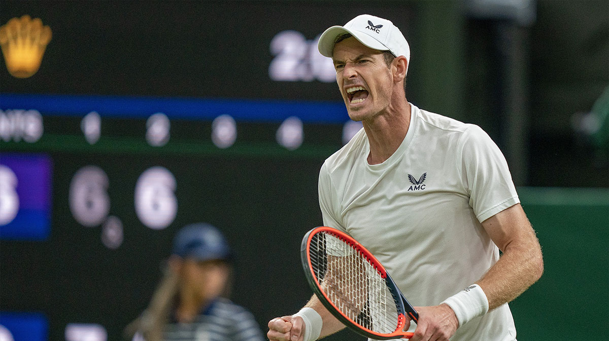 Andy Murray (GBR) reacts to a point during his match against Stefanos Tsitsipas (GRE) on day four at the All England Lawn Tennis and Croquet Club.