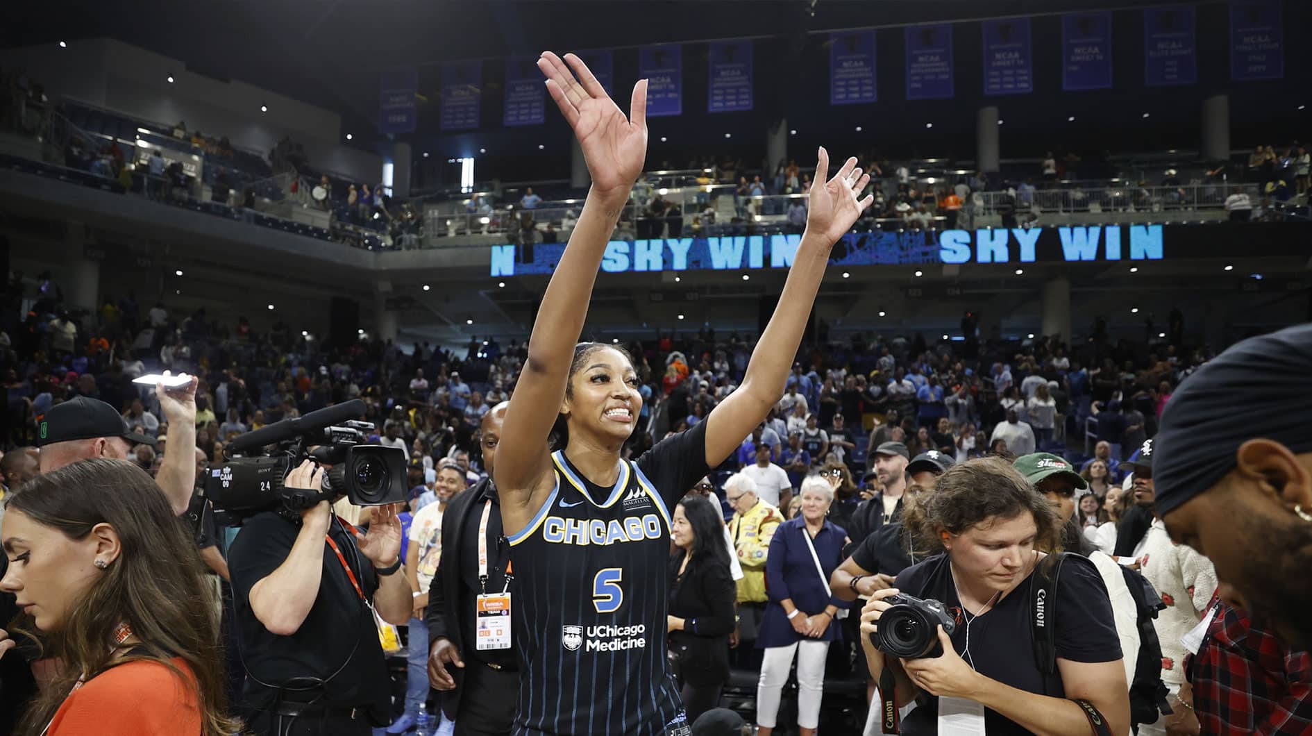 Chicago Sky forward Angel Reese (5) reacts after defeating the Indiana Fever at Wintrust Arena.