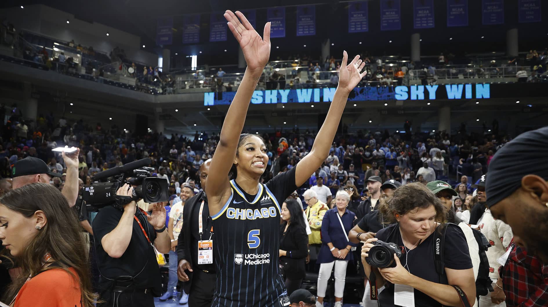 Chicago Sky forward Angel Reese (5) reacts after defeating the Indiana Fever at Wintrust Arena