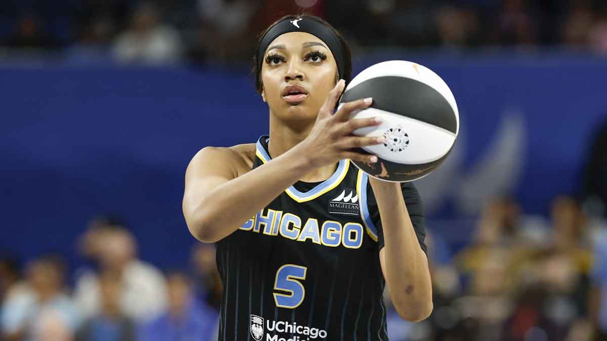 Chicago Sky forward Angel Reese (5) shoots a free throw against the New York Liberty during the second half of a WNBA game at Wintrust Arena.