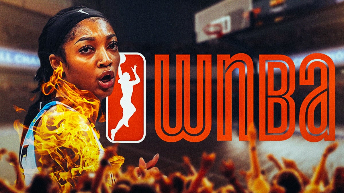 Sky's Angel Reese speaks during Wings game with flaming effect, Arike Ogunbowale in background