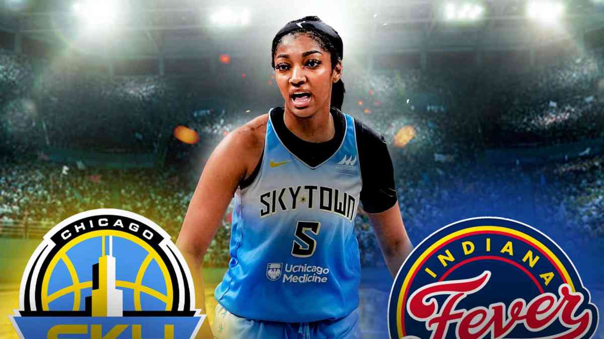 Angel Reese stands next to Sky and Fever logos, Caitlin Clark in background
