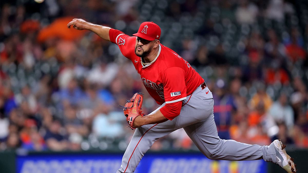 Los Angeles Angels relief pitcher Carlos Estevez (53) delivers a pitch against the Houston Astros during the ninth inning at Minute Maid Park.