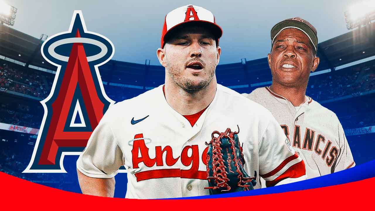 Angels' Mike Trout stands next to Giants' Willie Mays with tribute message