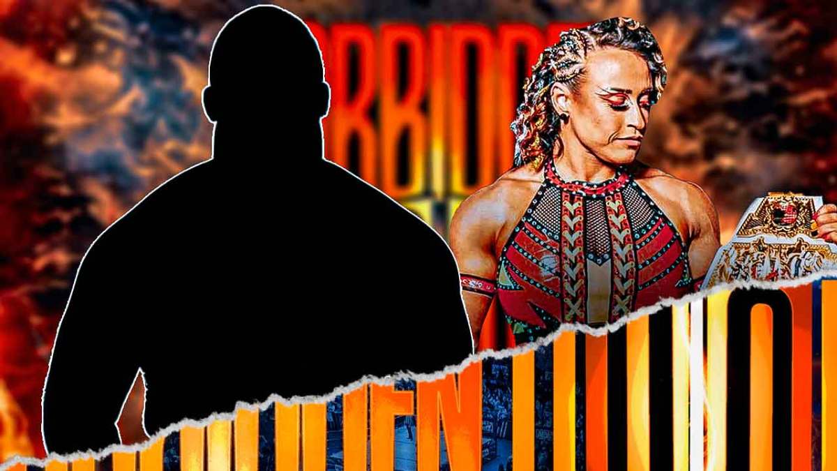 The blacked-out silhouette of TNA Champion Moose next to Jordynne Grace with the Forbidden Door logo as the background.