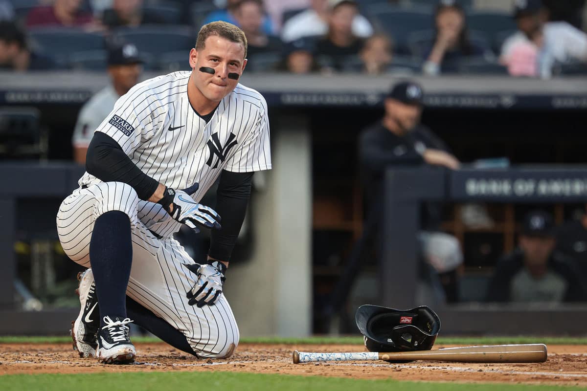 New York Yankees first baseman Anthony Rizzo (48) reacts after being hit by a foul ball during the third inning against the Minnesota Twins at Yankee Stadium.
