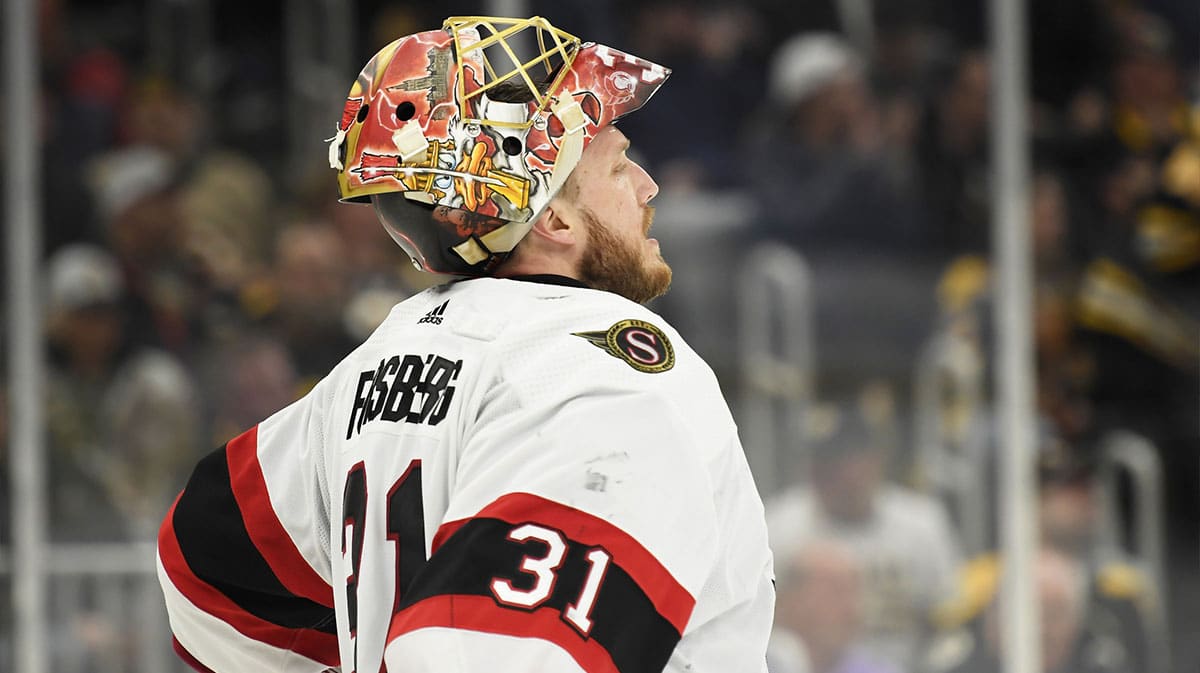 Ottawa Senators goaltender Anton Forsberg (31) during the third period against the Boston Bruins at TD Garden.