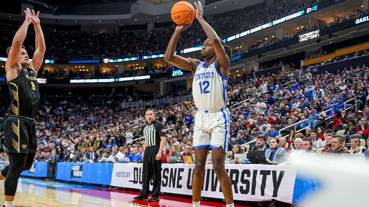 Kentucky Wildcats guard Antonio Reeves (12) takes a shot during the second half in the first round of the 2024 NCAA Tournament at PPG Paints Arena. 