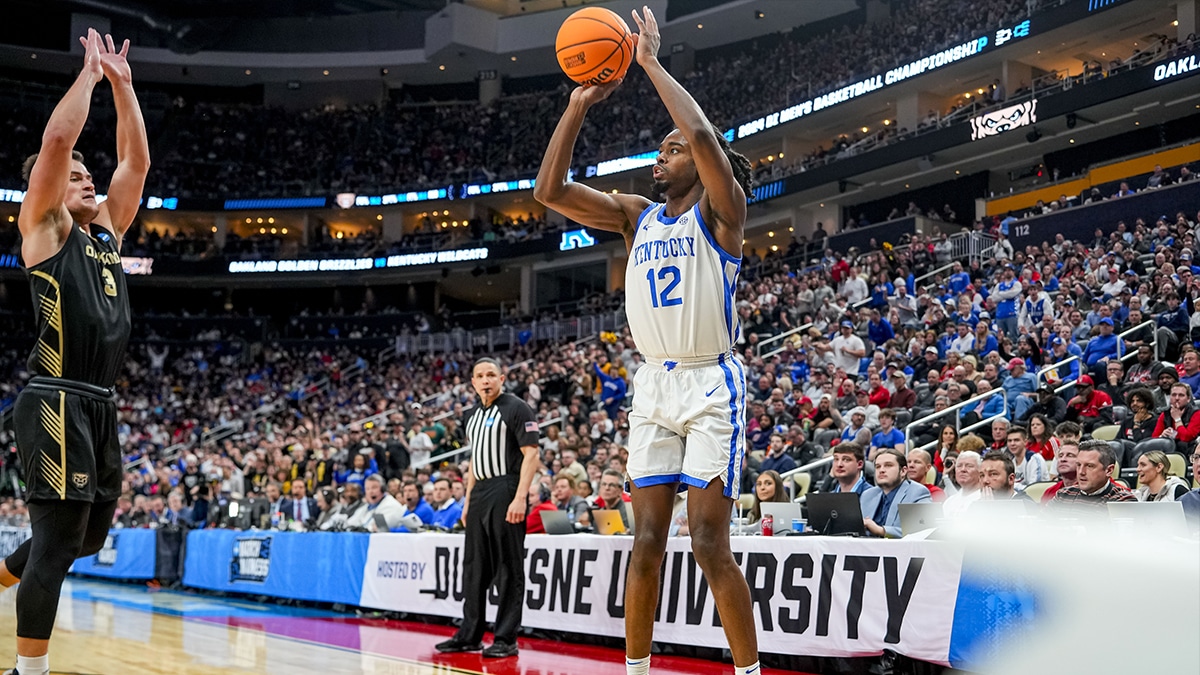 Kentucky Wildcats guard Antonio Reeves (12) takes a shot during the second half in the first round of the 2024 NCAA Tournament at PPG Paints Arena.