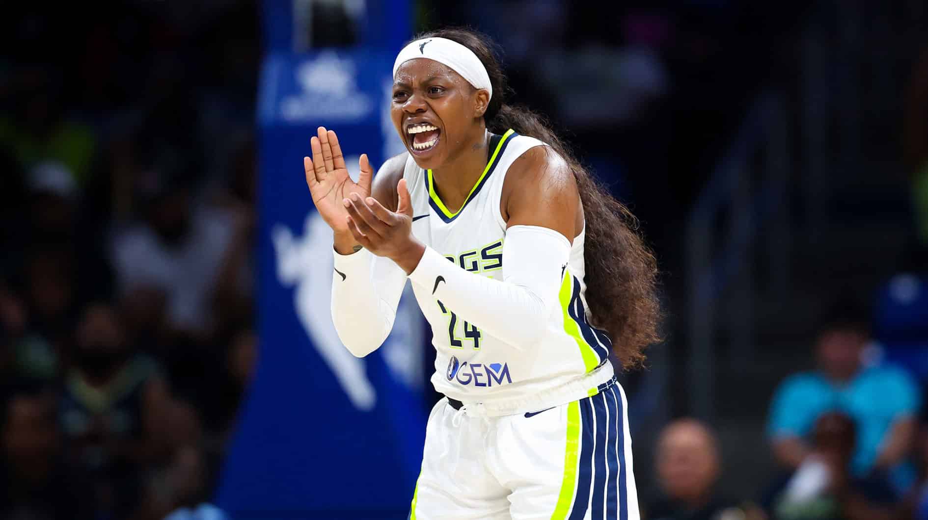 Dallas Wings guard Arike Ogunbowale (24) reacts during the first half against the Chicago Sky at College Park Center.