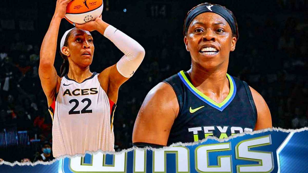 Wings' Arike Ogunbowale on left looking serious. Aces' A'ja Wilson on right shooting a basketball.