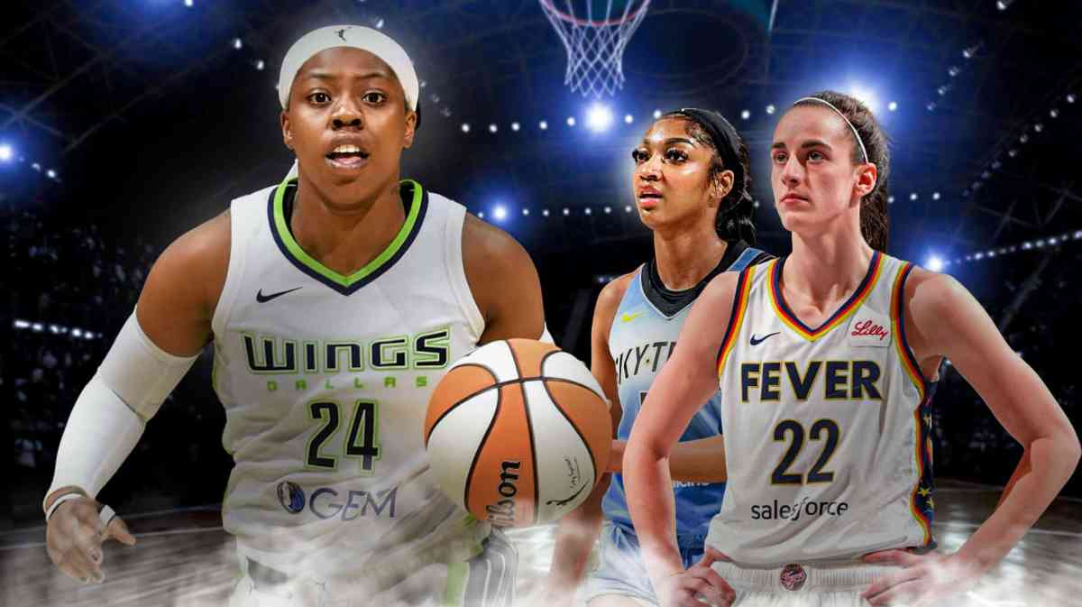 Wings' Arike Ogunbowale on left. Fever's Caitlin Clark, Sky's Angel Reese both on right.