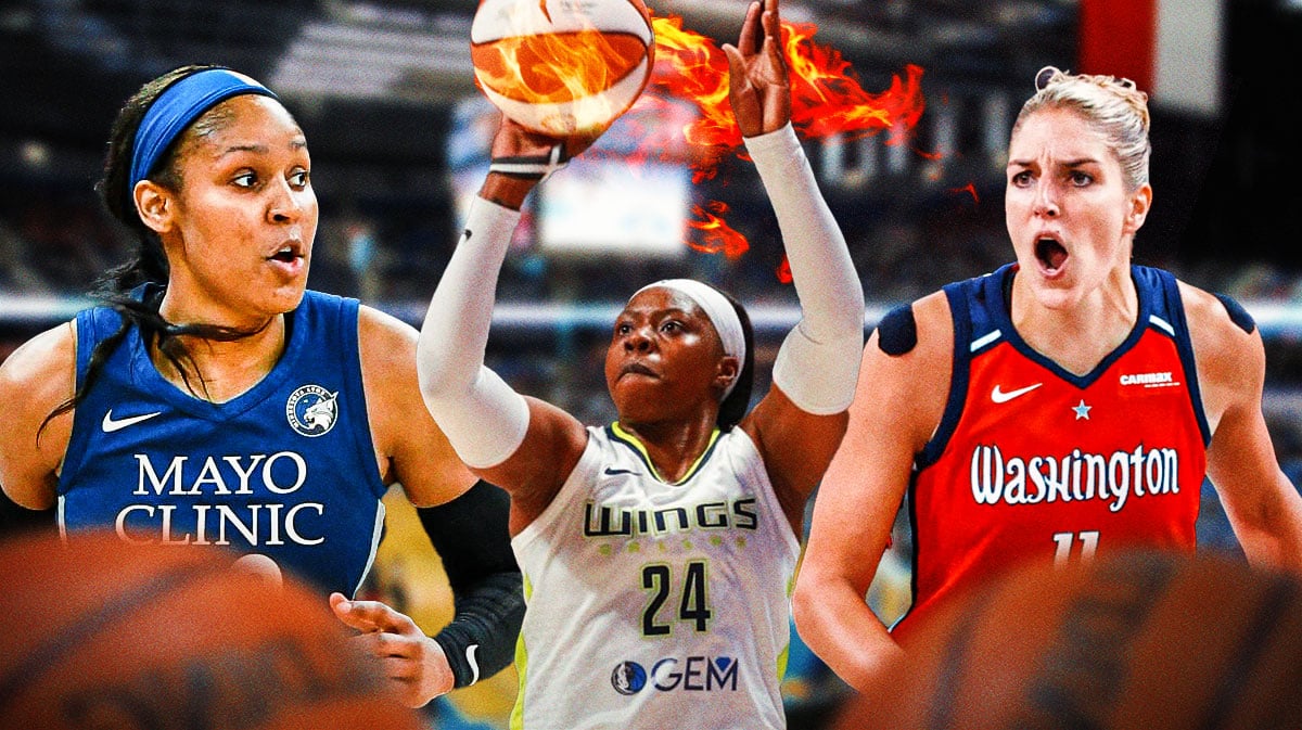 Arike Ogunbowale shooting a basketball. Place fire coming off the ball. In background, need Elena Delle Donne, Maya Moore looking at Ogunbowale.