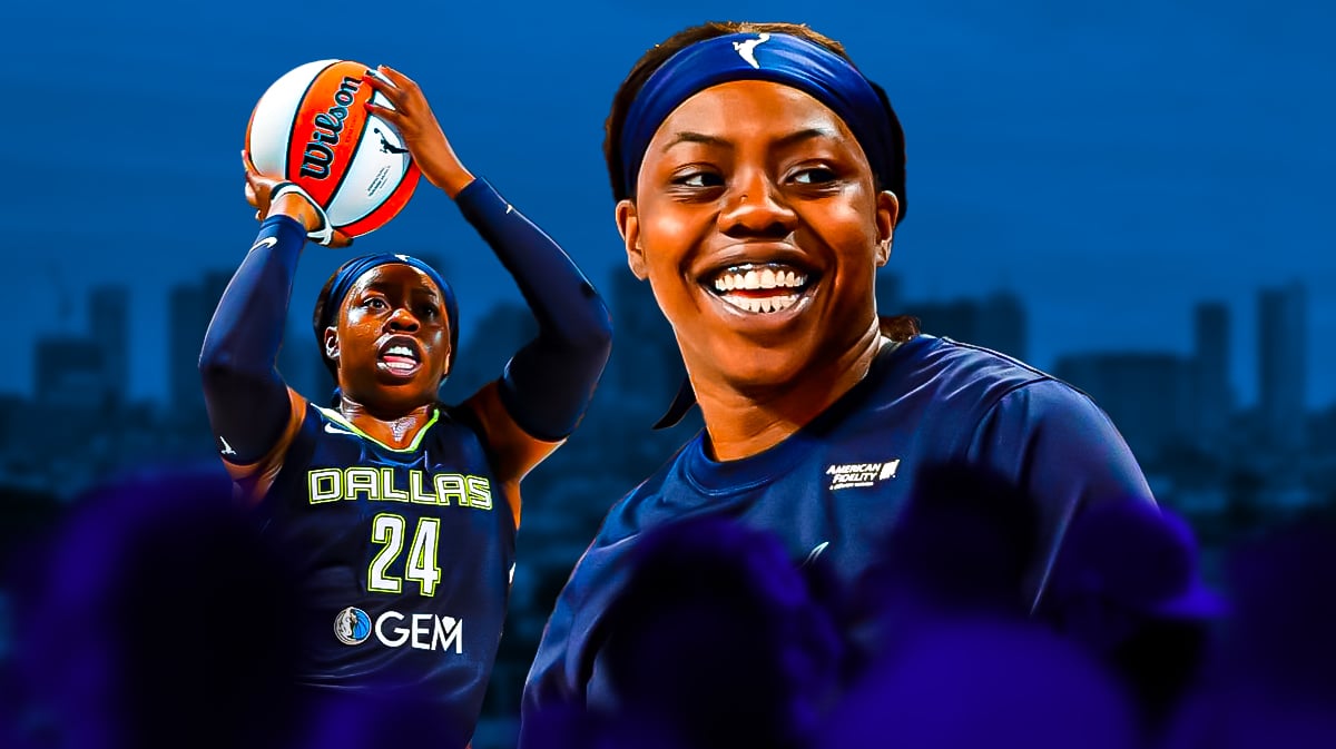 Wings Arike Ogunbowale shooting a basketball in background. In front, Wings Arike Ogunbowale smiling.