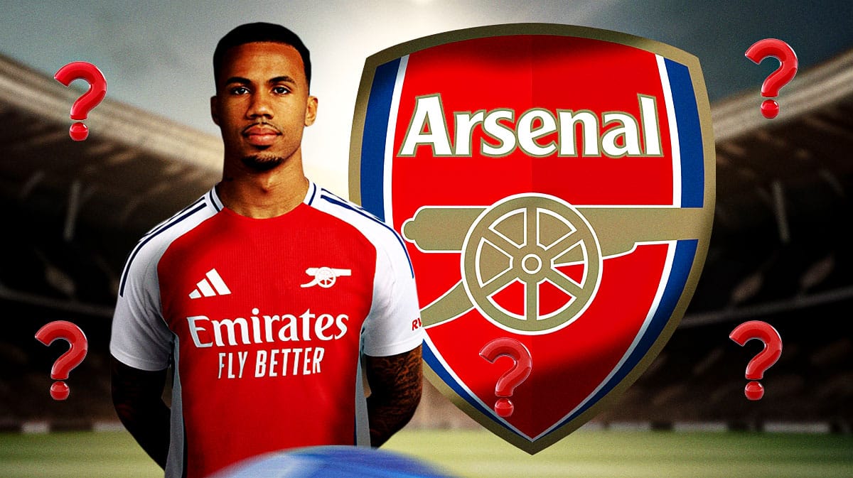 Arsenal player Gabriel in front of the Arsenal logo with questionmarks in the air