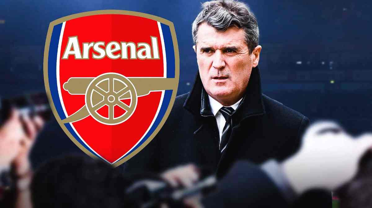 Roy Keane in front of the Arsenal logo