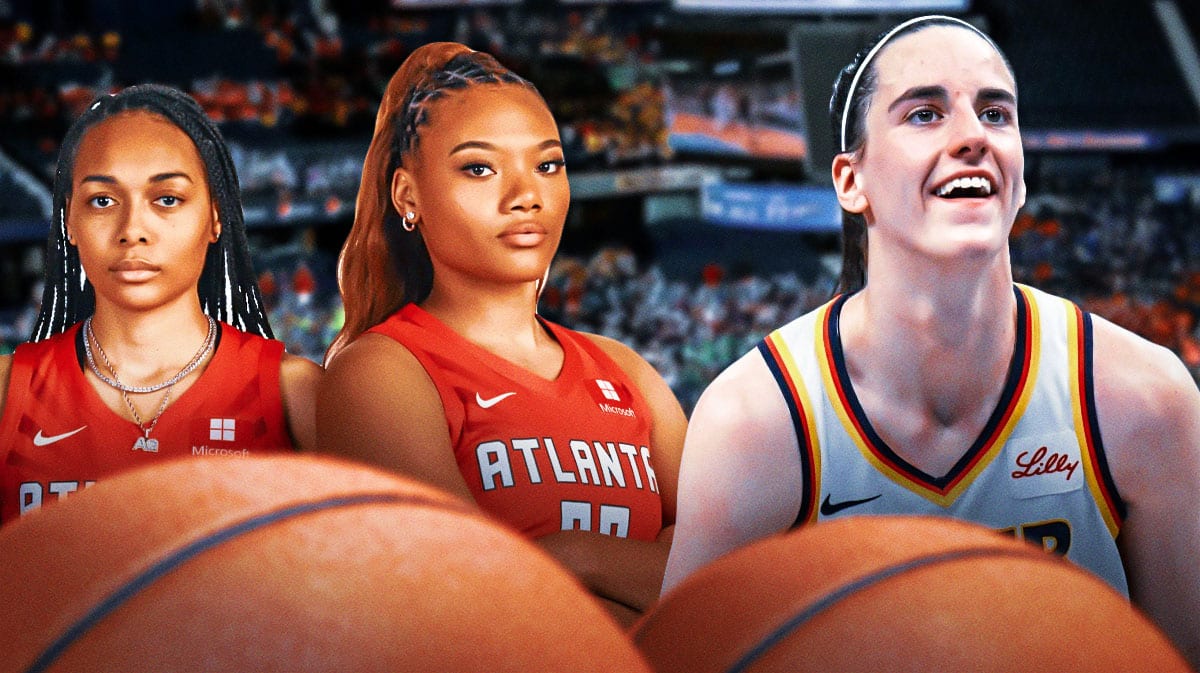 Cailtin Clark on the right, with Atlanta Dream players on the left.