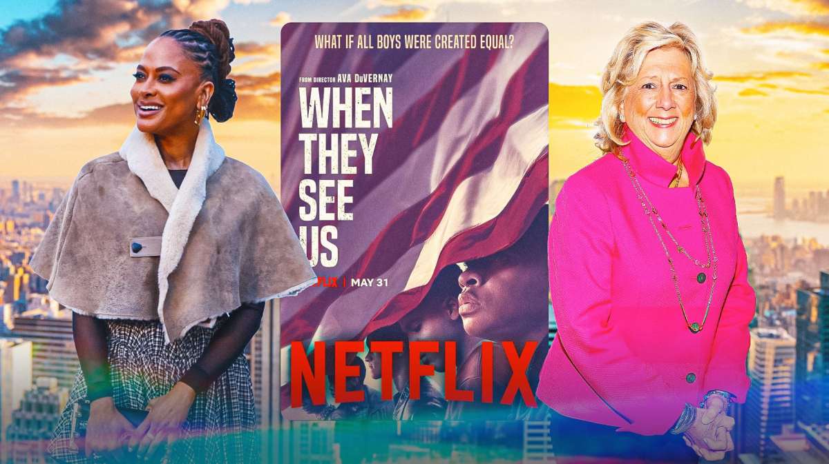 Ava DuVernay, When They See Us poster, Netflix logo, Linda Fairstein