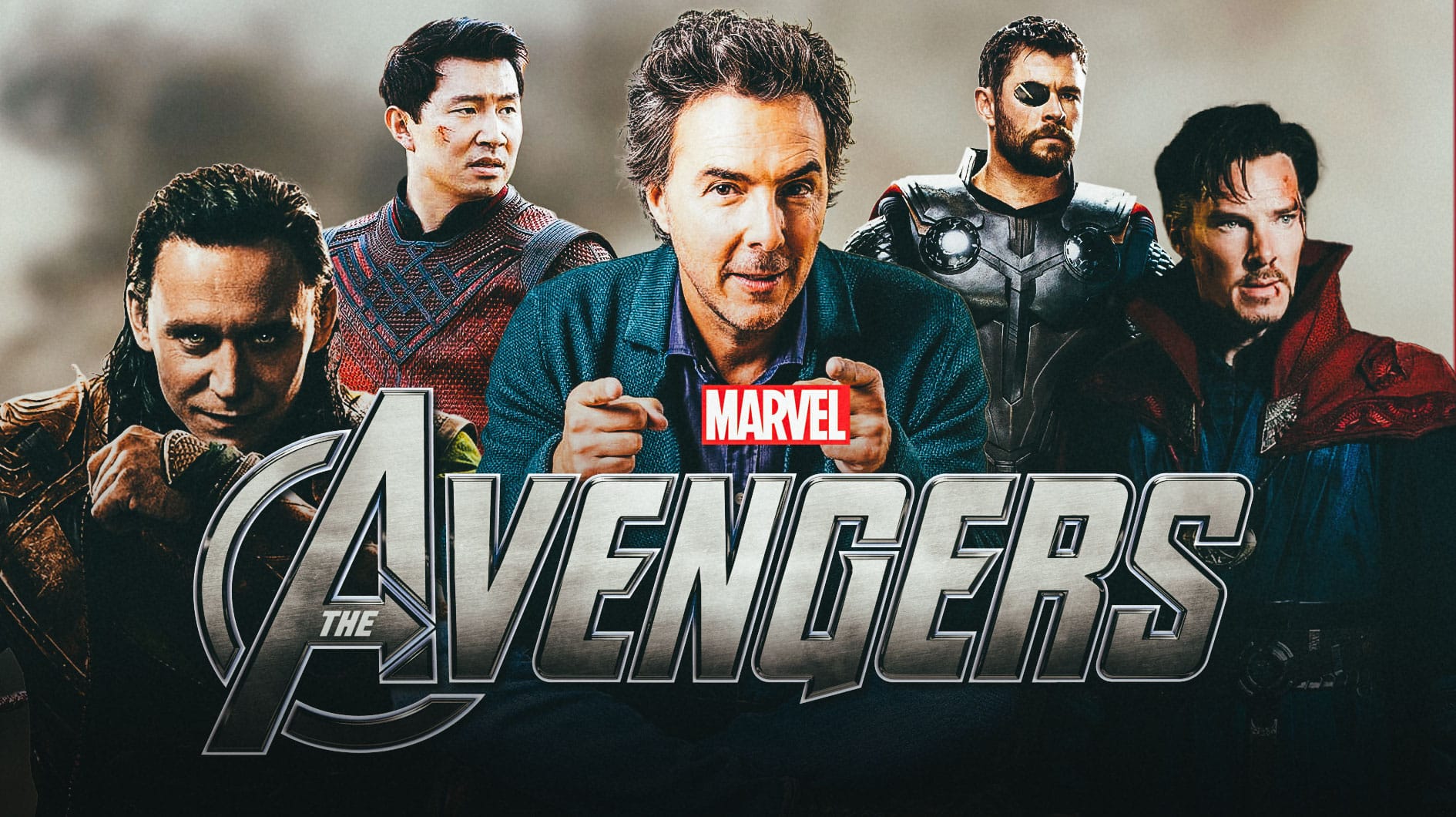 MCU Avengers logo with Shawn Levy, Loki (Tom Hiddleston), Shang-Chi (Simu Liu), Thor (Chris Hemsworth), and Doctor Strange (Benedict Cumberbatch).