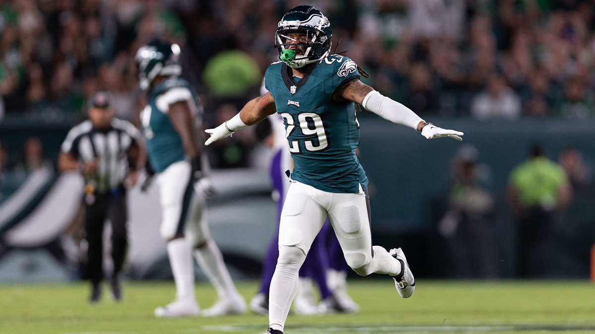 Philadelphia Eagles cornerback Avonte Maddox (29) reacts after a defensive stop against the Minnesota Vikings during the first quarter at Lincoln Financial Field.