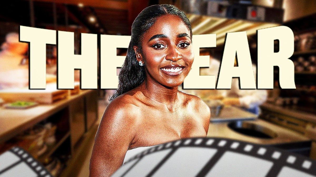 Ayo Edebiri with The Bear Season 3 logo and restaurant kitchen background.