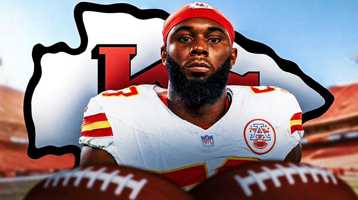 Kansas City Chiefs defense end BJ Thompson with a logo for the Kansas City Chiefs.