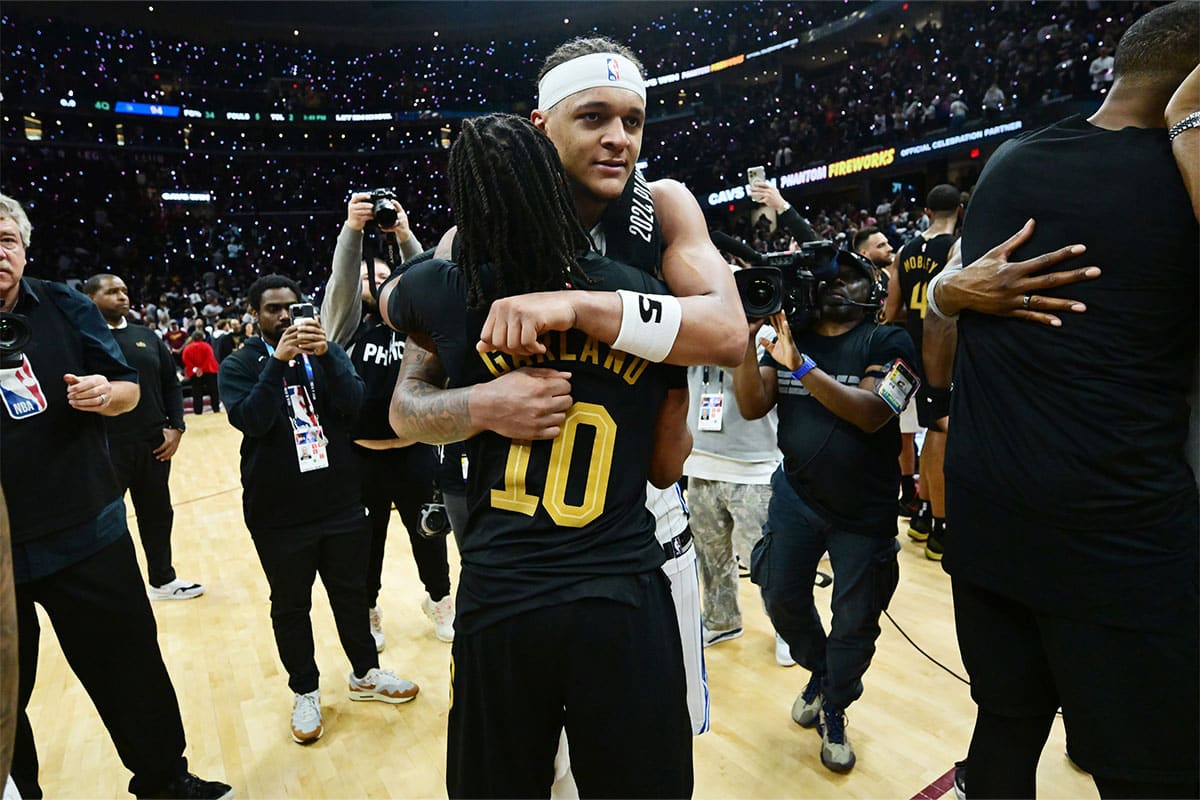  Cleveland Cavaliers guard Darius Garland (10) hugs Orlando Magic forward Paolo Banchero (5) after the Cavaliers beat the Magic in game seven of the first round for the 2024 NBA playoffs at Rocket Mortgage FieldHouse.