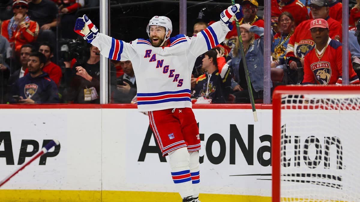 New York Rangers center Barclay Goodrow (21) celebrates after scoring against the Florida Panthers during the second period in game three of the Eastern Conference Final of the 2024 Stanley Cup Playoffs at Amerant Bank Arena.