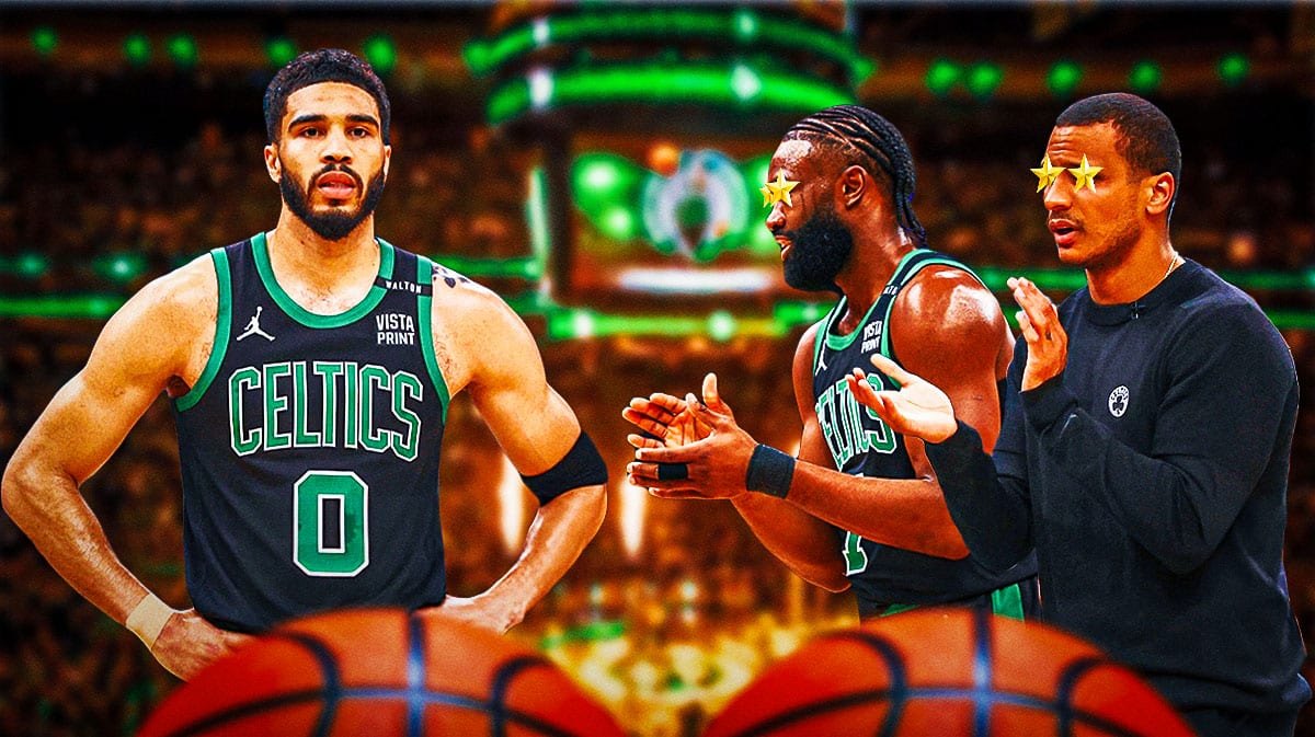 Jayson Tatum on one side, Joe Mazzulla and Jaylen Brown on the other side with stars in their eyes