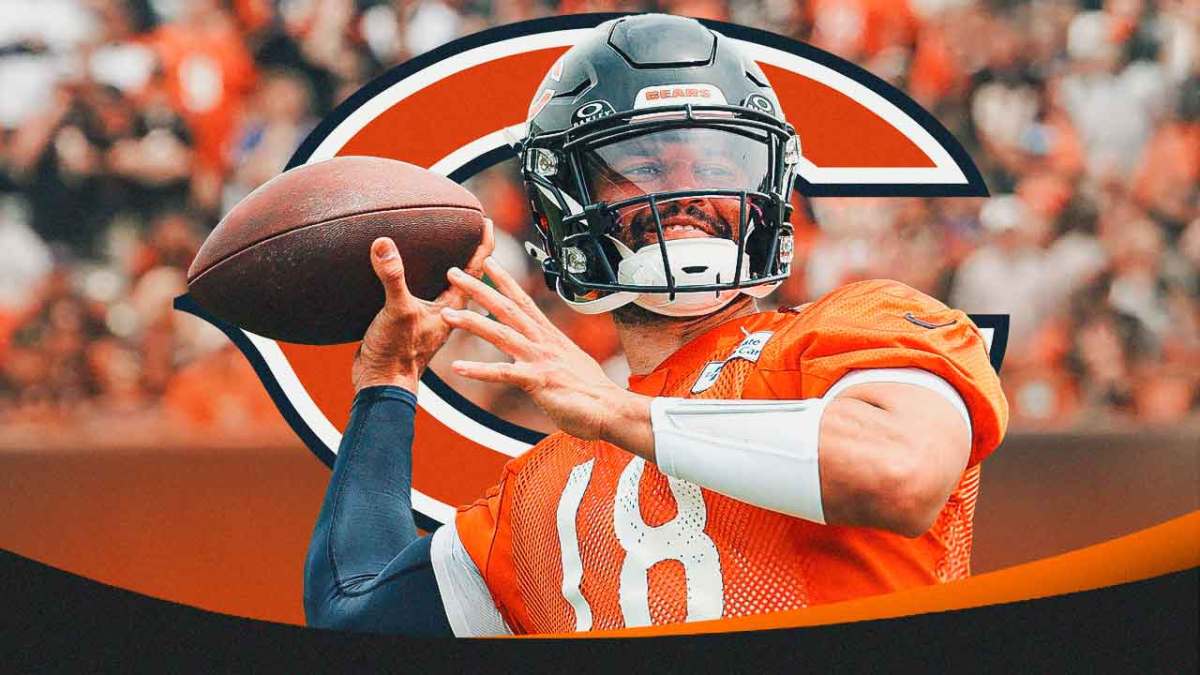 Caleb Williams in practice jersey while throwing a football. Chicago Bears logo in the background.