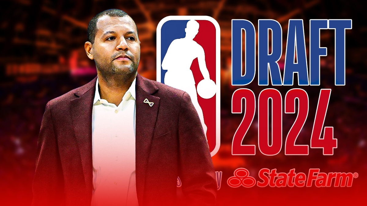 Cavs Koby Altman next to the 2024 NBA Draft logo