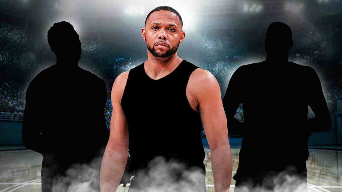 Eric Gordon in a blank NBA jersey with the blacked-out silhouette of Jayson Tatum on his left and the blacked-out silhouette of Nikola Jokic on his right on an NBA court.