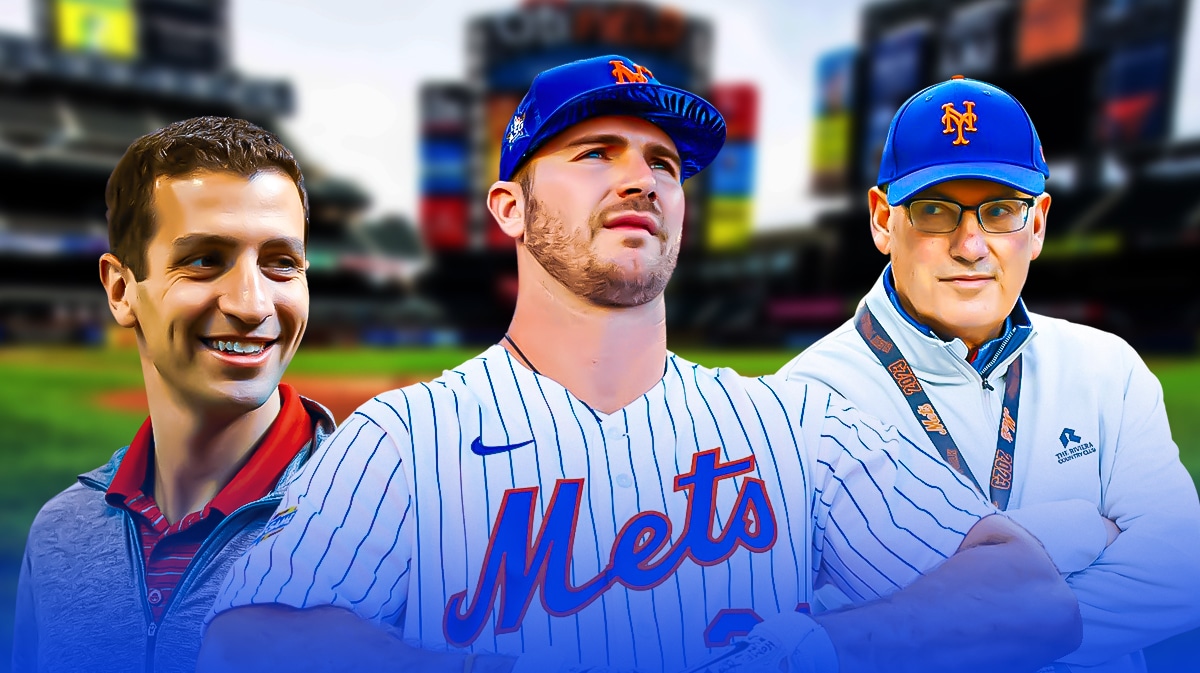 Pete Alonso with Steve Cohen and David Stearns in background
