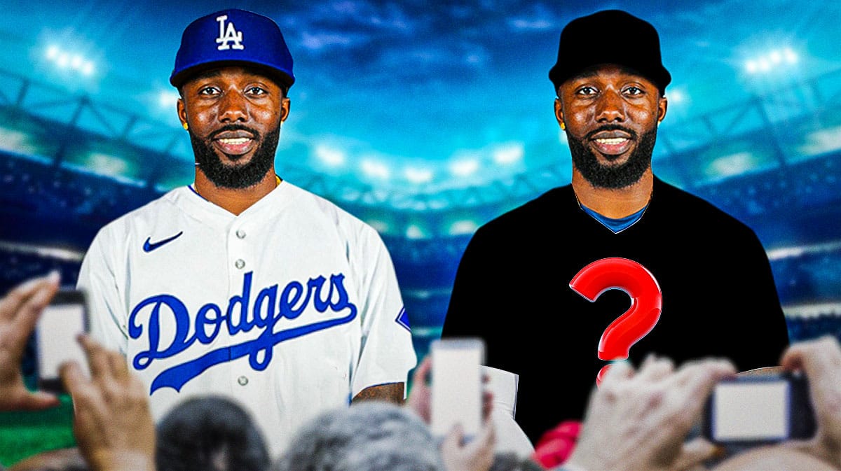 2 pics of Rays' Randy Arozarena in a Dodgers jersey, Randy Arozarena in a blank jersey with a question mark on it.