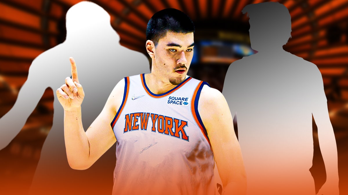Zach Edey in a Knicks jersey next to two silhouettes
