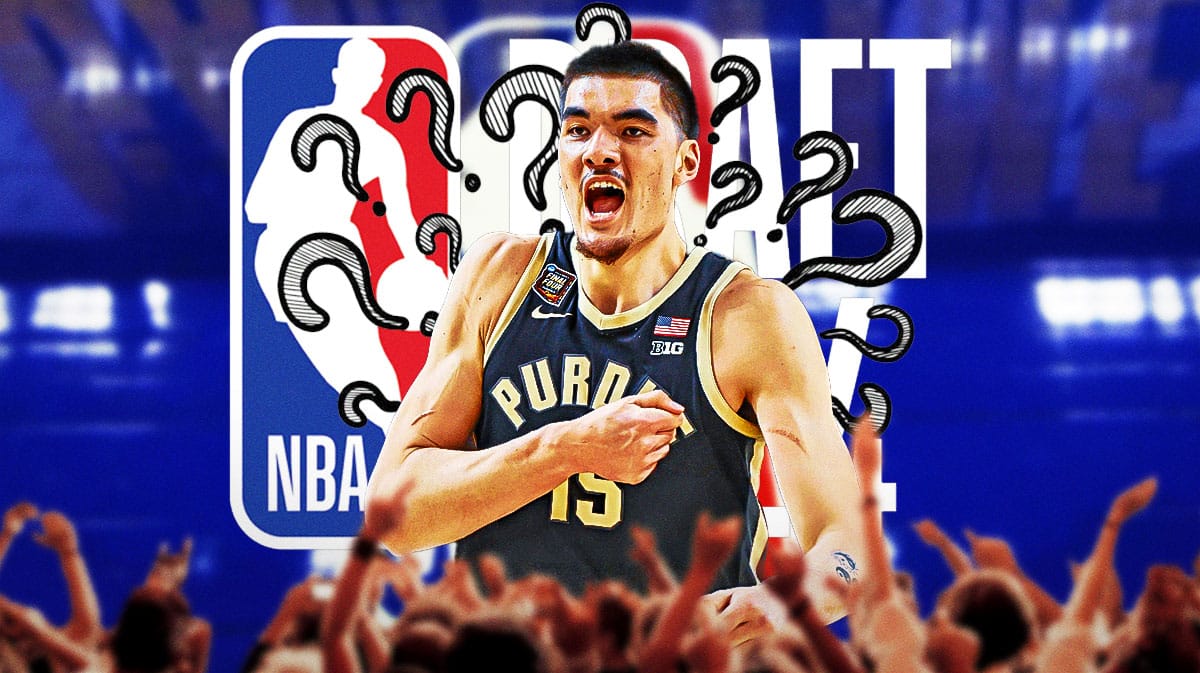 Zach Edey with NBA 2024 Draft logo. Question marks around the graphic.