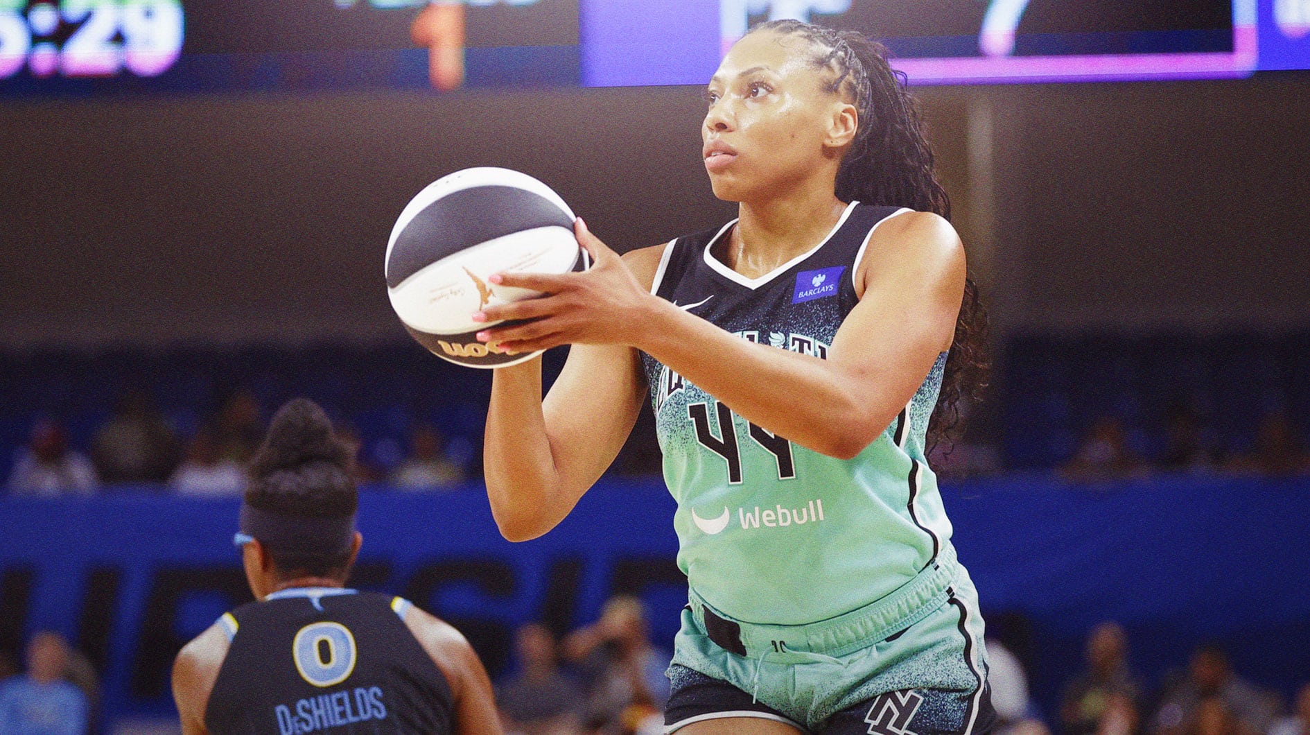  New York Liberty forward Betnijah Laney-Hamilton (44) shoots against the Chicago Sky during the first half of a WNBA game at Wintrust Arena.
