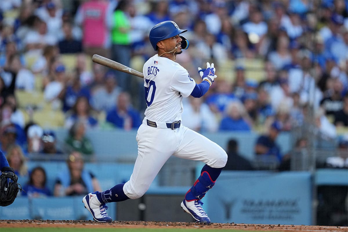 Los Angeles Dodgers shortstop Mookie Betts (50) bats in the third inning against the Kansas City Royals at Dodger Stadium