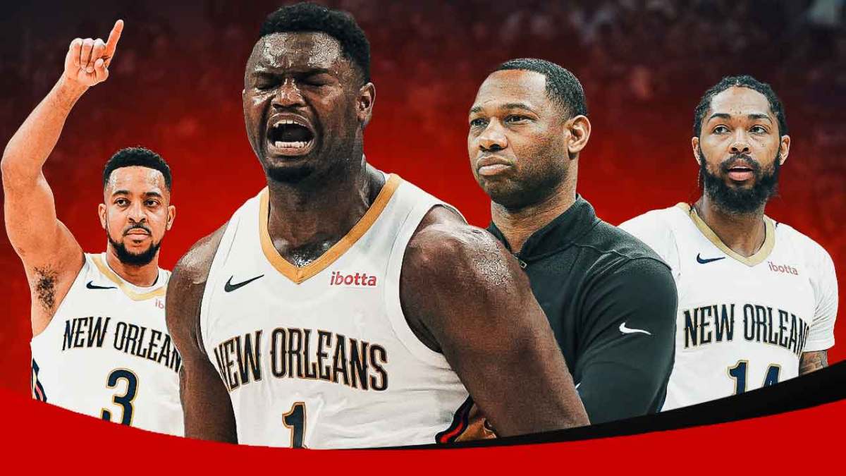 Photo: CJ McCollum, Zion Williamson, Willie Green, Brandon Ingram in Pelicans gear