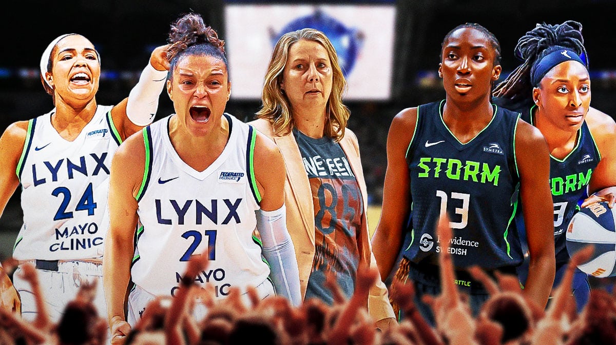 Minnesota Lynx players Kayla McBride and Napheesa Collier and Minnesota Lynx coach Cheryl Reeve. In the background, as if coming up behind the Lynx players, add Seattle Storm players Ezi Magbegor and Nneka Ogwumike