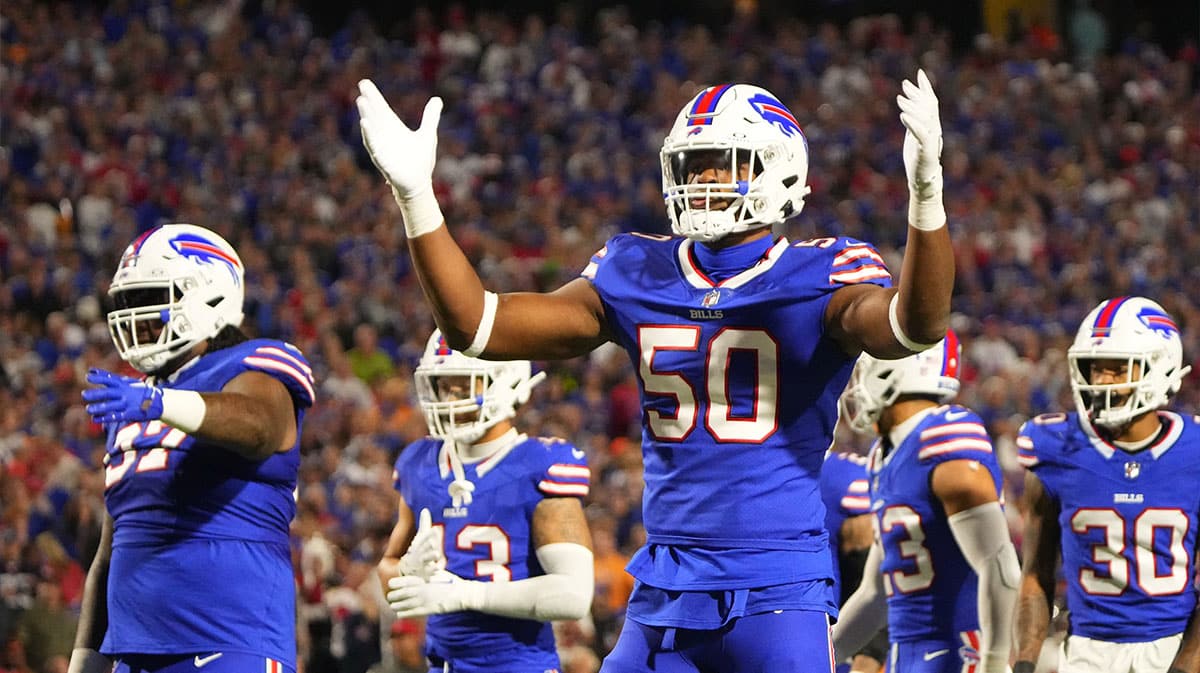 Buffalo Bills defensive end Greg Rousseau (50) gestures during the first half against the Tampa Bay Buccaneers at Highmark Stadium. 
