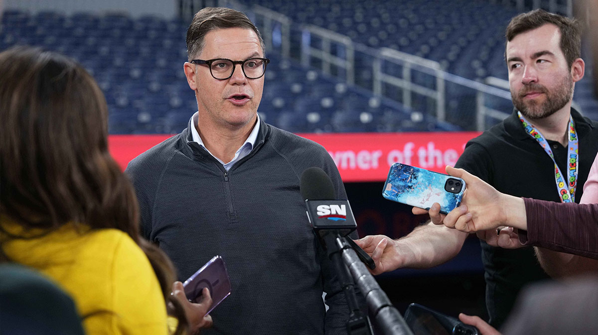  Toronto Blue Jays general manager Ross Atkins addresses the media before a game against the Tampa Bay Rays at Rogers Centre. 