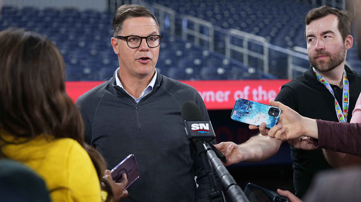 Toronto Blue Jays general manager Ross Atkins addresses the media before a game against the Tampa Bay Rays at Rogers Centre.