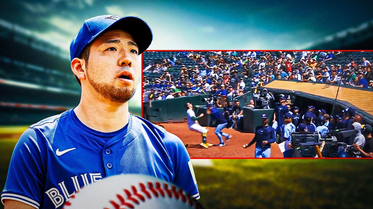 Blue Jays' Yusei Kikuchi next to a screenshot of him running into Athletics' Tyler Soderstrom