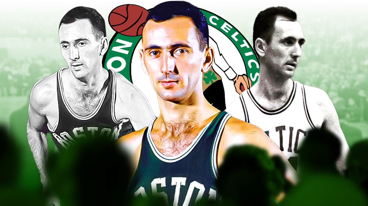 Bob Cousey furing his playing days with Celtics logo