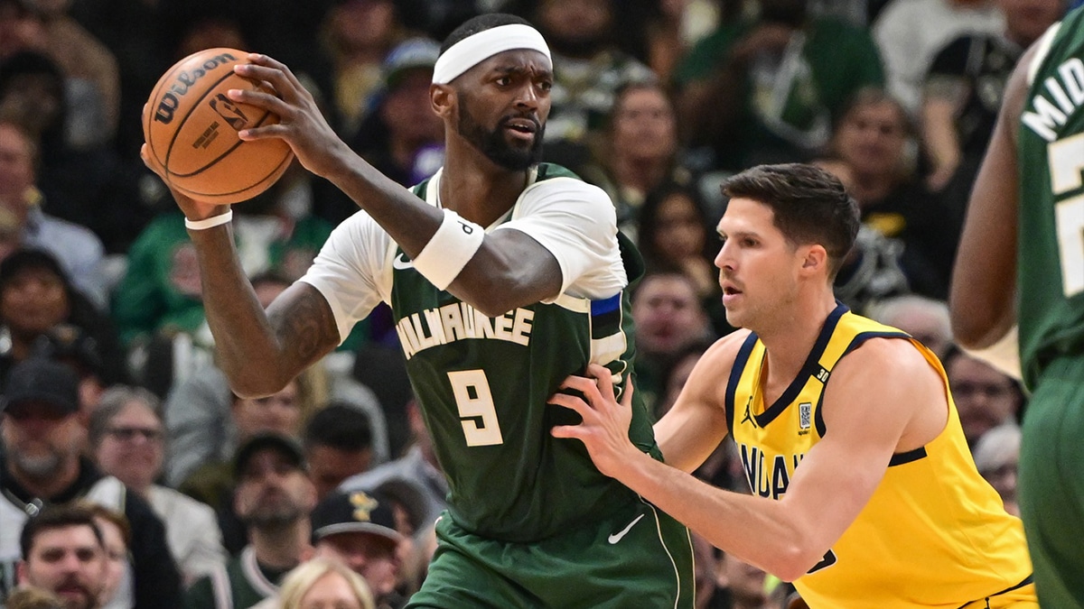 Milwaukee Bucks forward Bobby Portis (9) looks for a shot against Indiana Pacers forward Doug McDermott (20) in the second quarter during game one of the first round for the 2024 NBA playoffs at Fiserv Forum.