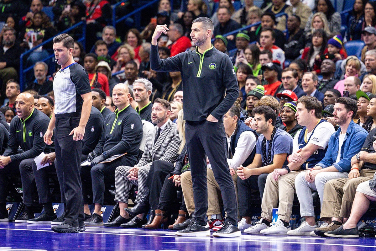 New Orleans Pelicans acting head coach James Borrego calls a play against the Dallas Mavericks during the first half at the Smoothie King Center. 