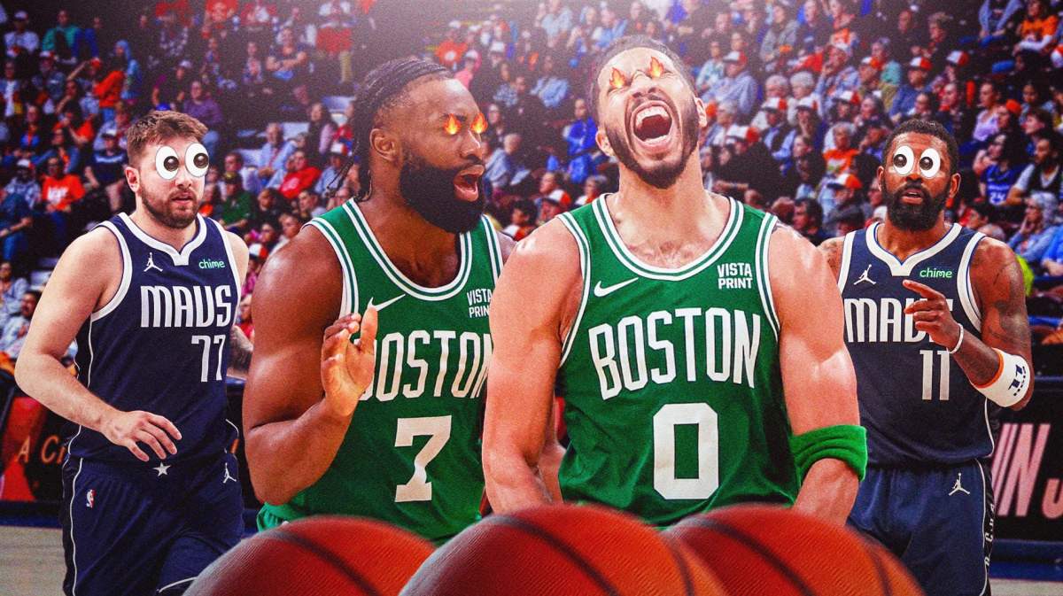 Jayson Tatum and Jaylen Brown looking hyped with fire in their eyes, next to Luka Doncic and Kyrie Irving with their eyes popping out. NBA Finals background