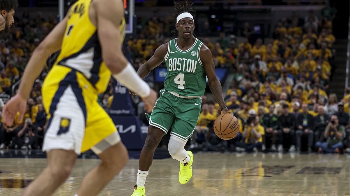 May 27, 2024; Indianapolis, Indiana, USA; Boston Celtics guard Jrue Holiday (4) dribbles the ball during the fourth quarter during game four of the eastern conference finals for the 2024 NBA playoffs at Gainbridge Fieldhouse. Mandatory Credit: Trevor Ruszkowski-USA TODAY Sports